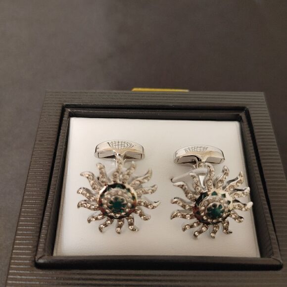 STEVEN LAND CUFFLINKS SET A AZTEC SUN SHAPED SAPPHIRE CRYSTAL GEMSTONES SILVER. - Picture 2 of 2